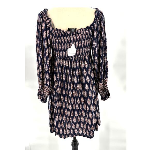 Angie Smocked Boho Floral Dress S NWT Navy Blue Pink Romantic - Picture 2 of 5